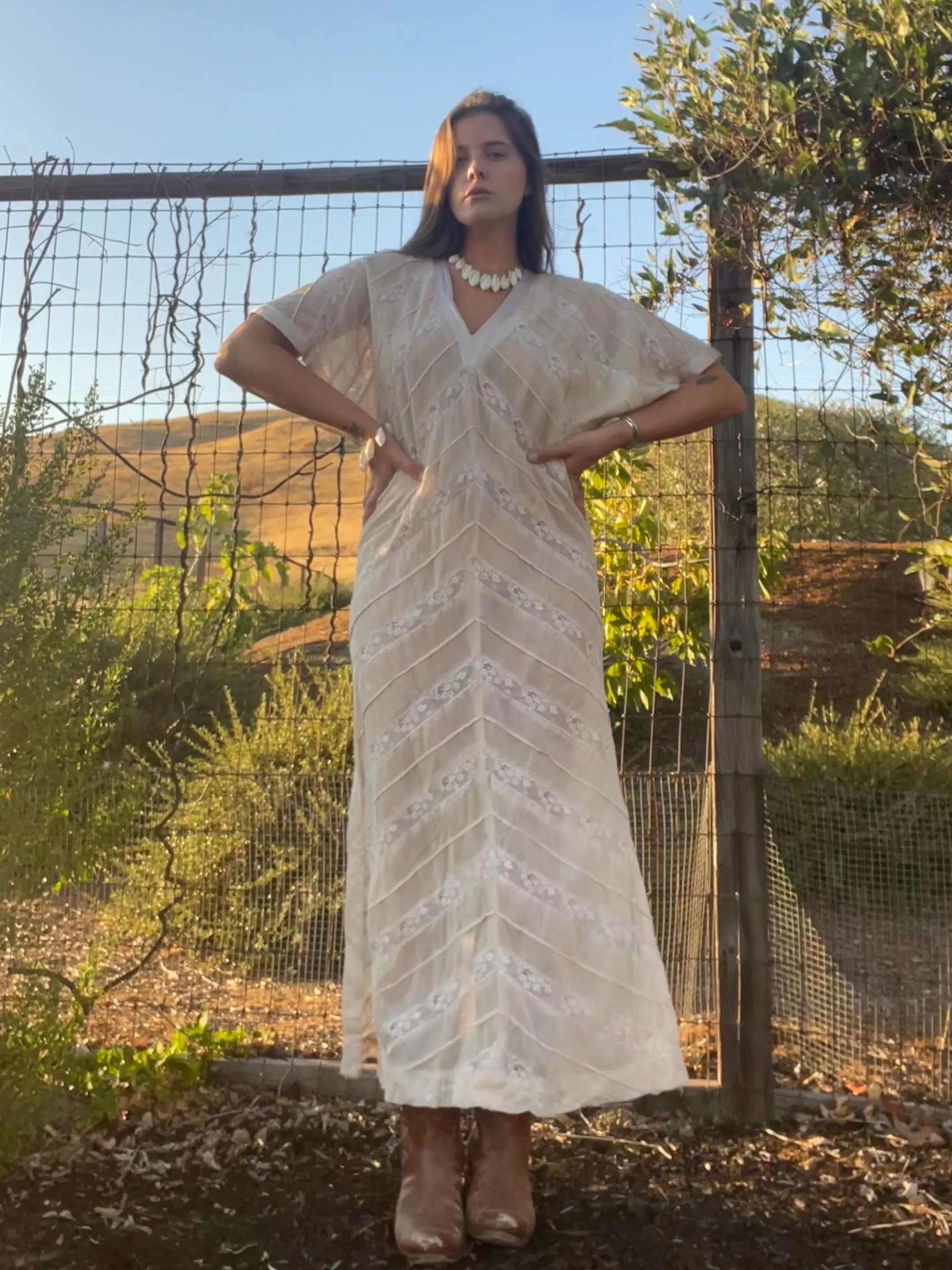 1920s/1930s Voile & Inset Lace Caftan Style Dress