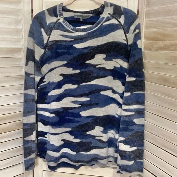 27 Miles Malibu Blue Gray Camo Cashmere Crewneck Sweater 1 S