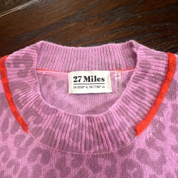 27 Miles Malibu Pink Leopard Cashmere Crew Neck Pullover Sweater Sz Small