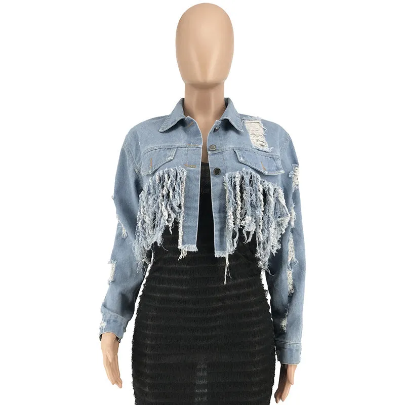 30 Pieces) Tassel Design Raw Hem Ripped Denim Jacket