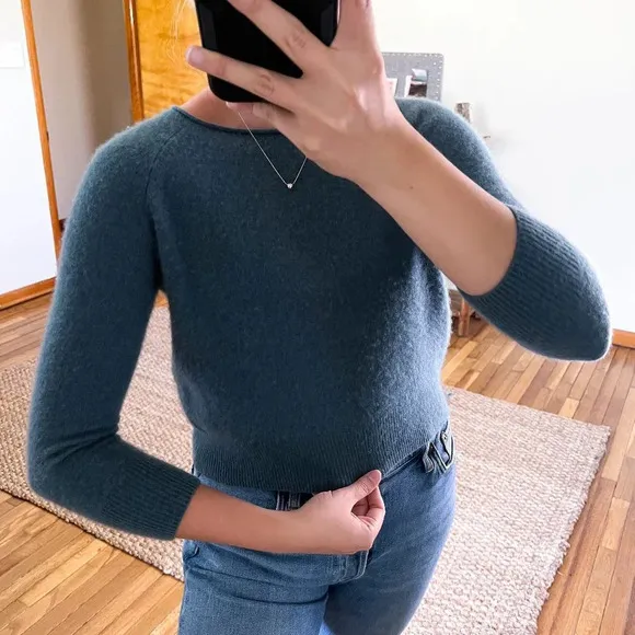 360 Cashmere 100% Cashmere Teal Scoop Neck Knit Designer Pullover Sweater S