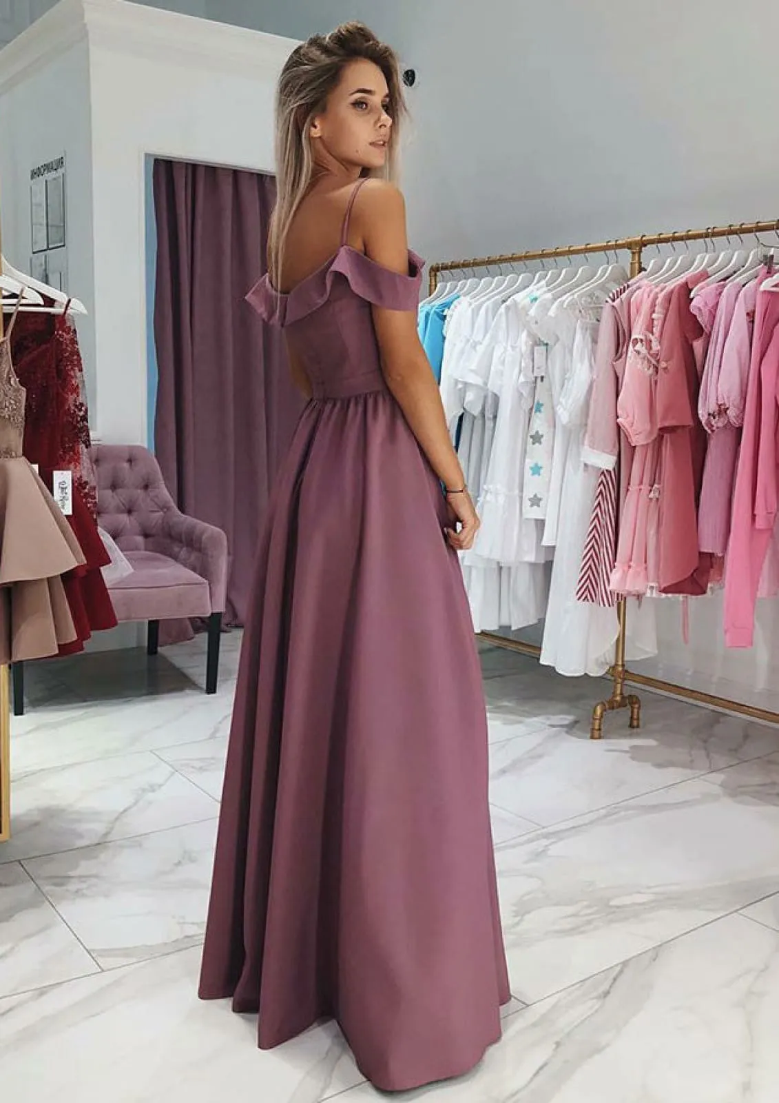 A-line Cold Shoulder Surplice Split Dusty Rose Satin Evening Dress