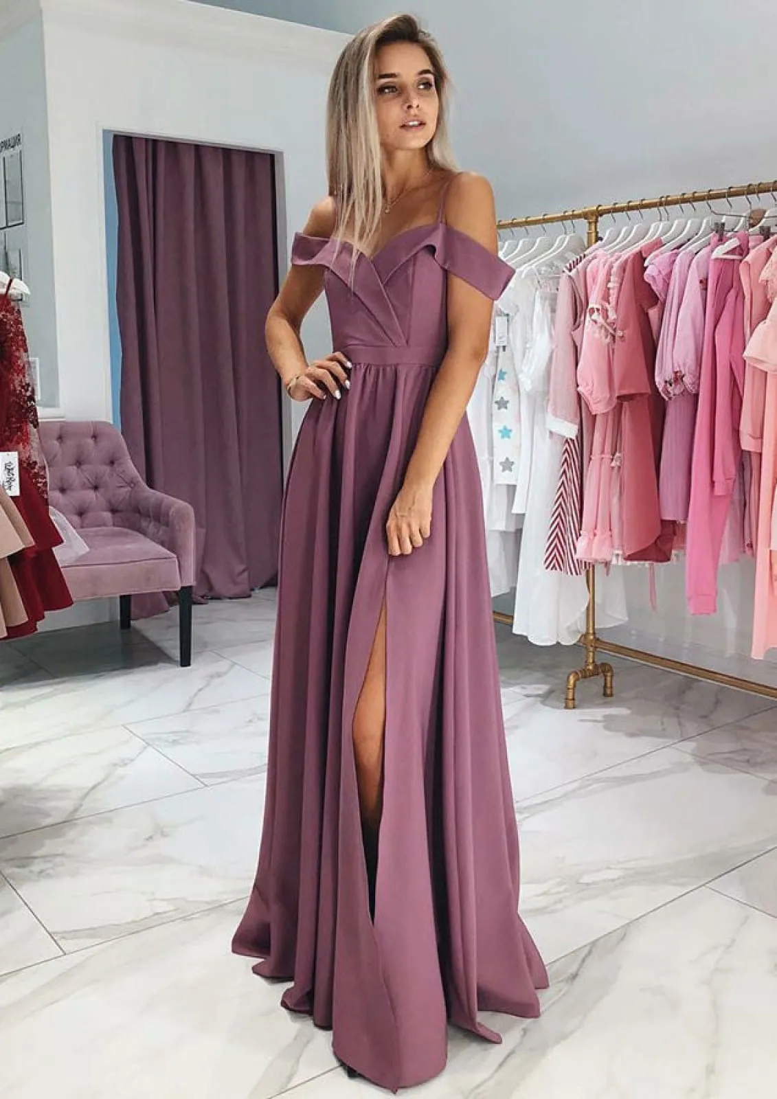 A-line Cold Shoulder Surplice Split Dusty Rose Satin Evening Dress