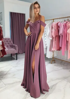 A-line Cold Shoulder Surplice Split Dusty Rose Satin Evening Dress