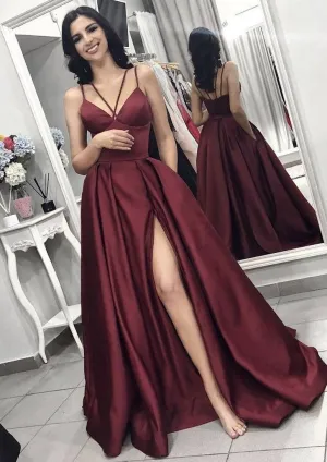 A-line Straps V Neck Sleeveless Split Floor-Length Elastic Satin Formal Party Prom Dress