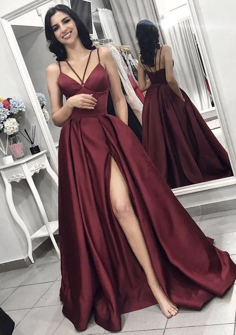 A-line Straps V Neck Sleeveless Split Floor-Length Elastic Satin Formal Party Prom Dress