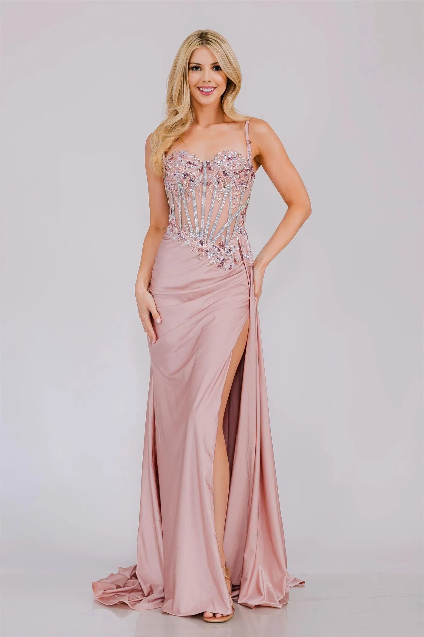 AC 2050 - Stretch Satin Fit & Flare Prom Gown with Sheer Boned Beaded Lace Bodice High Leg Slit & Side Sash