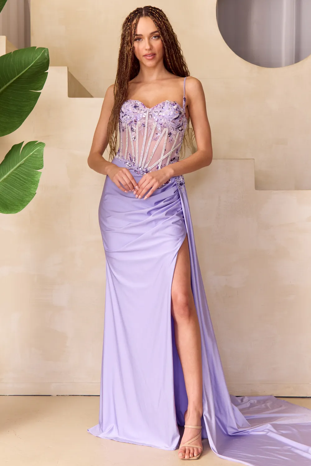 AC 2050 - Stretch Satin Fit & Flare Prom Gown with Sheer Boned Beaded Lace Bodice High Leg Slit & Side Sash