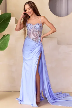 AC 2050 - Stretch Satin Fit & Flare Prom Gown with Sheer Boned Beaded Lace Bodice High Leg Slit & Side Sash