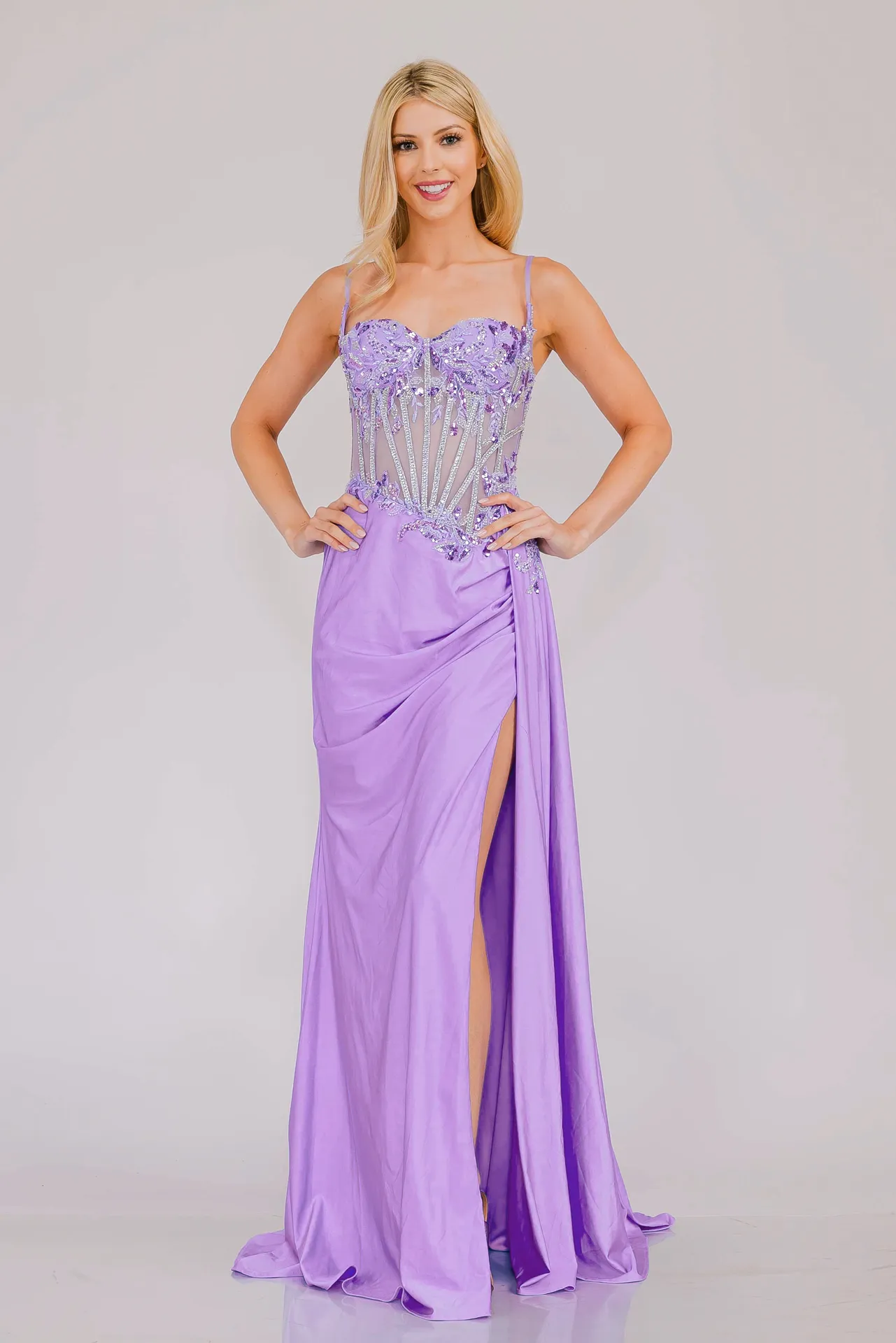 AC 2050 - Stretch Satin Fit & Flare Prom Gown with Sheer Boned Beaded Lace Bodice High Leg Slit & Side Sash
