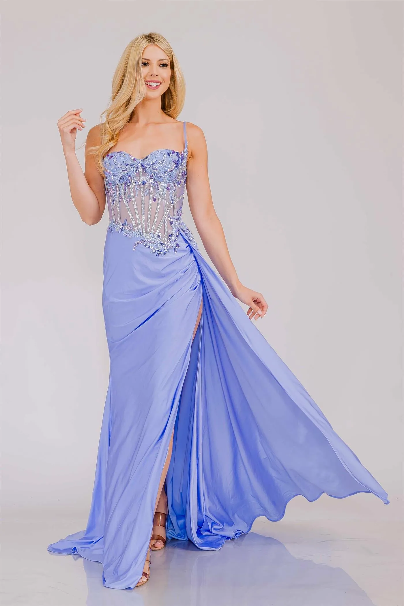 AC 2050 - Stretch Satin Fit & Flare Prom Gown with Sheer Boned Beaded Lace Bodice High Leg Slit & Side Sash