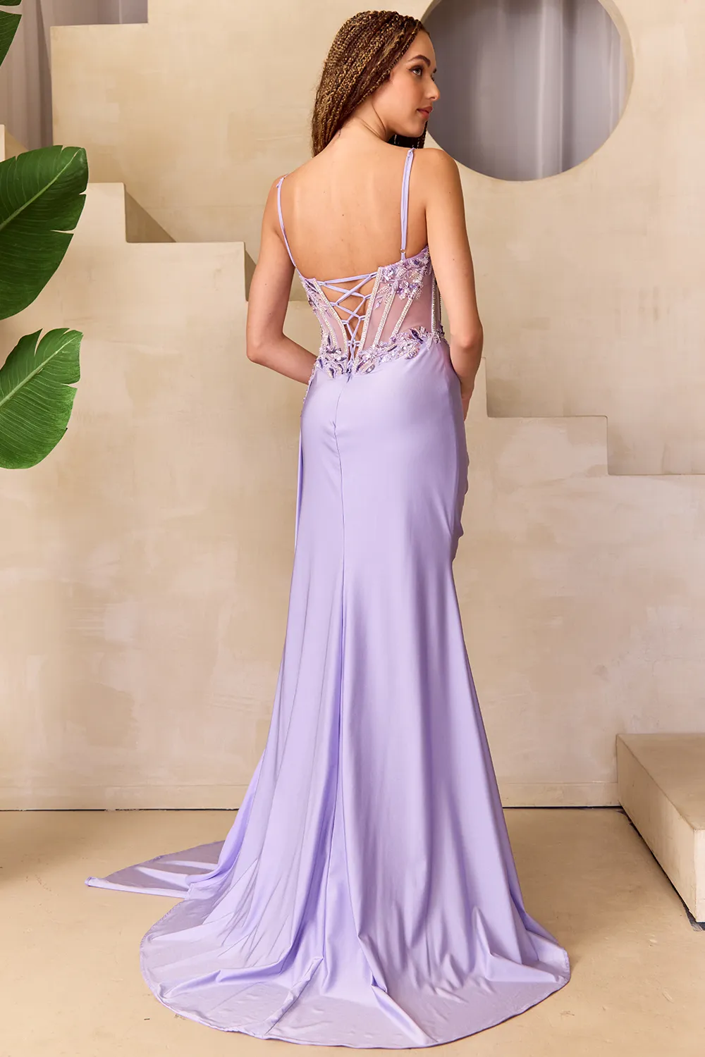 AC 2050 - Stretch Satin Fit & Flare Prom Gown with Sheer Boned Beaded Lace Bodice High Leg Slit & Side Sash
