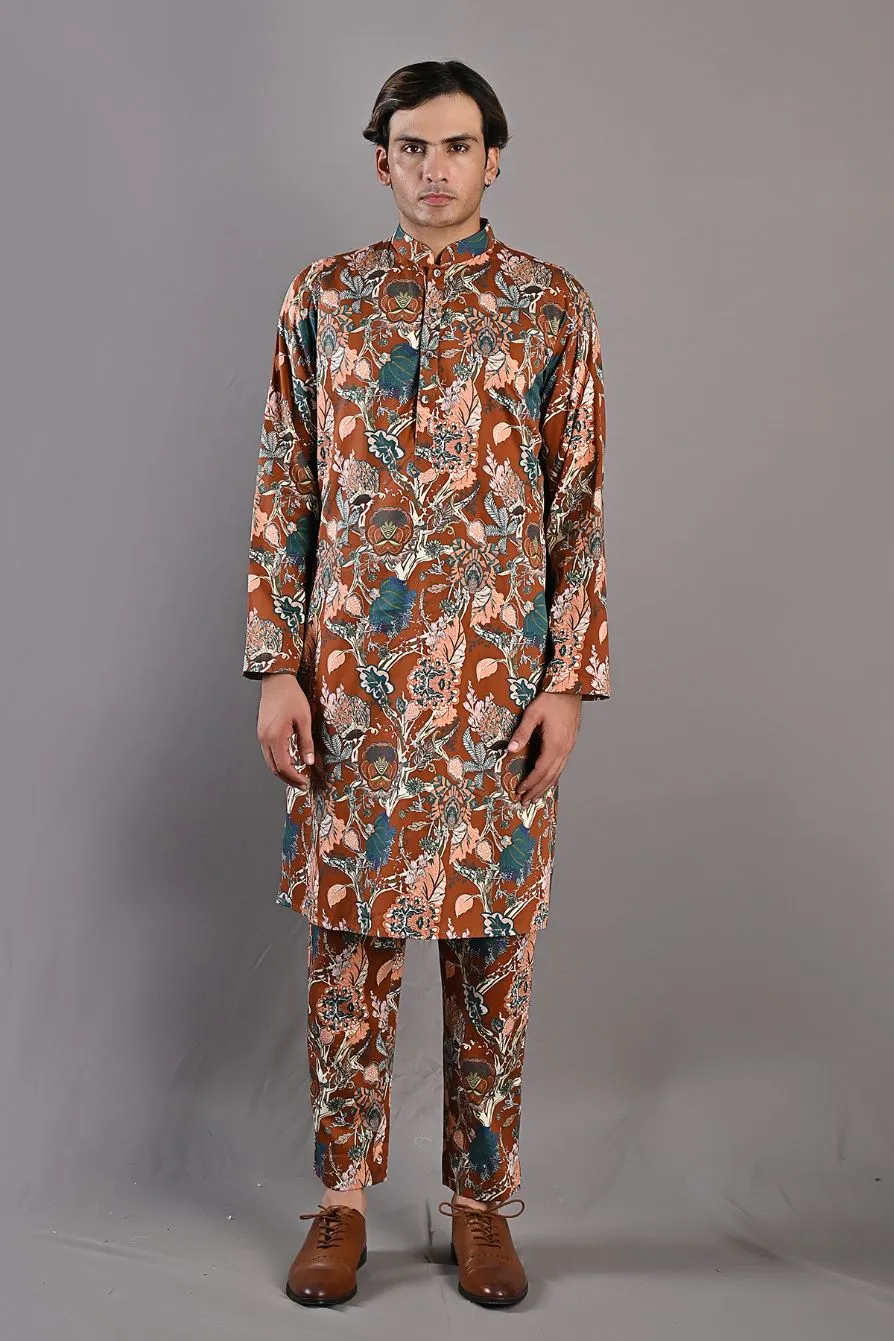 Aciano -  Teal Green, Maroon & Multi printed Open Jacket  with Kurta Set