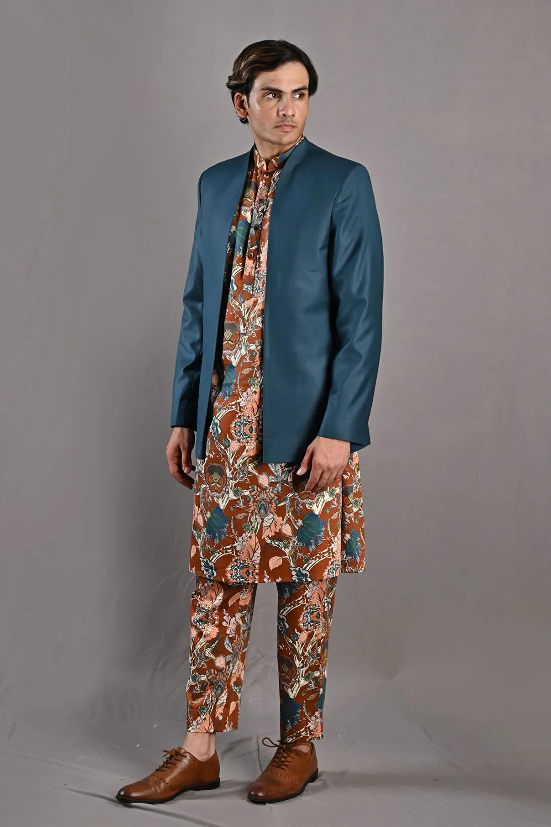 Aciano -  Teal Green, Maroon & Multi printed Open Jacket  with Kurta Set