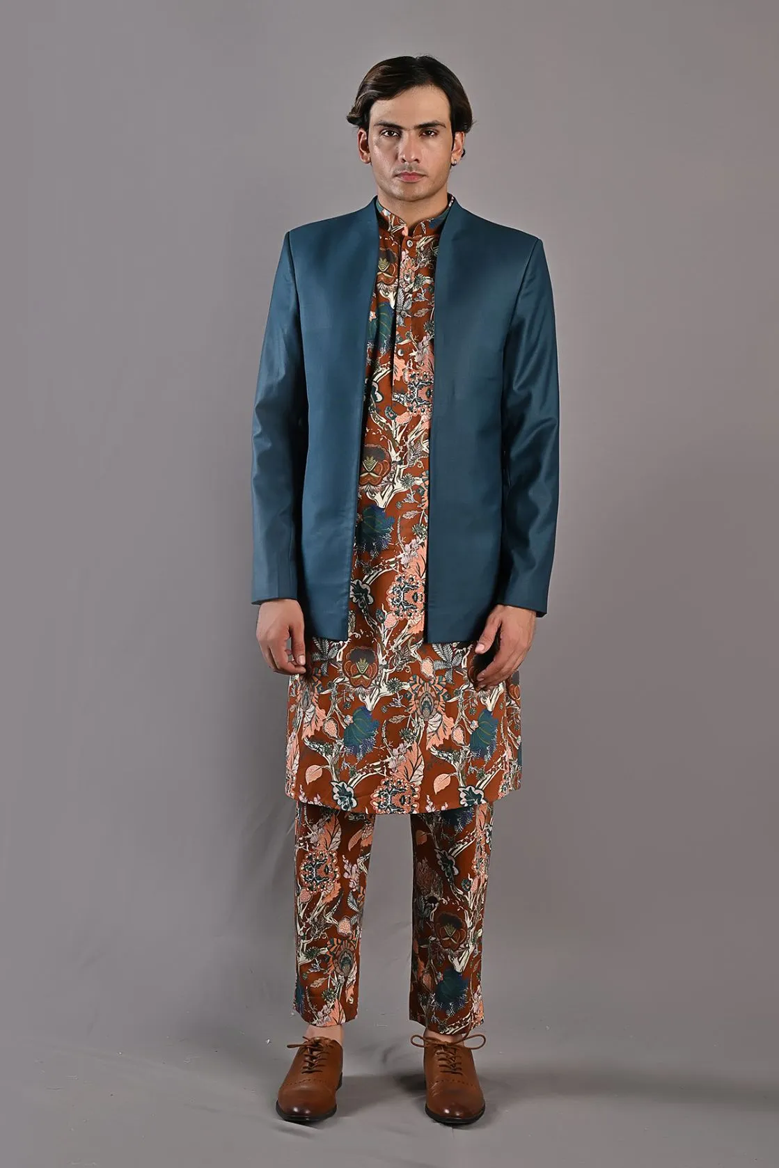 Aciano -  Teal Green, Maroon & Multi printed Open Jacket  with Kurta Set