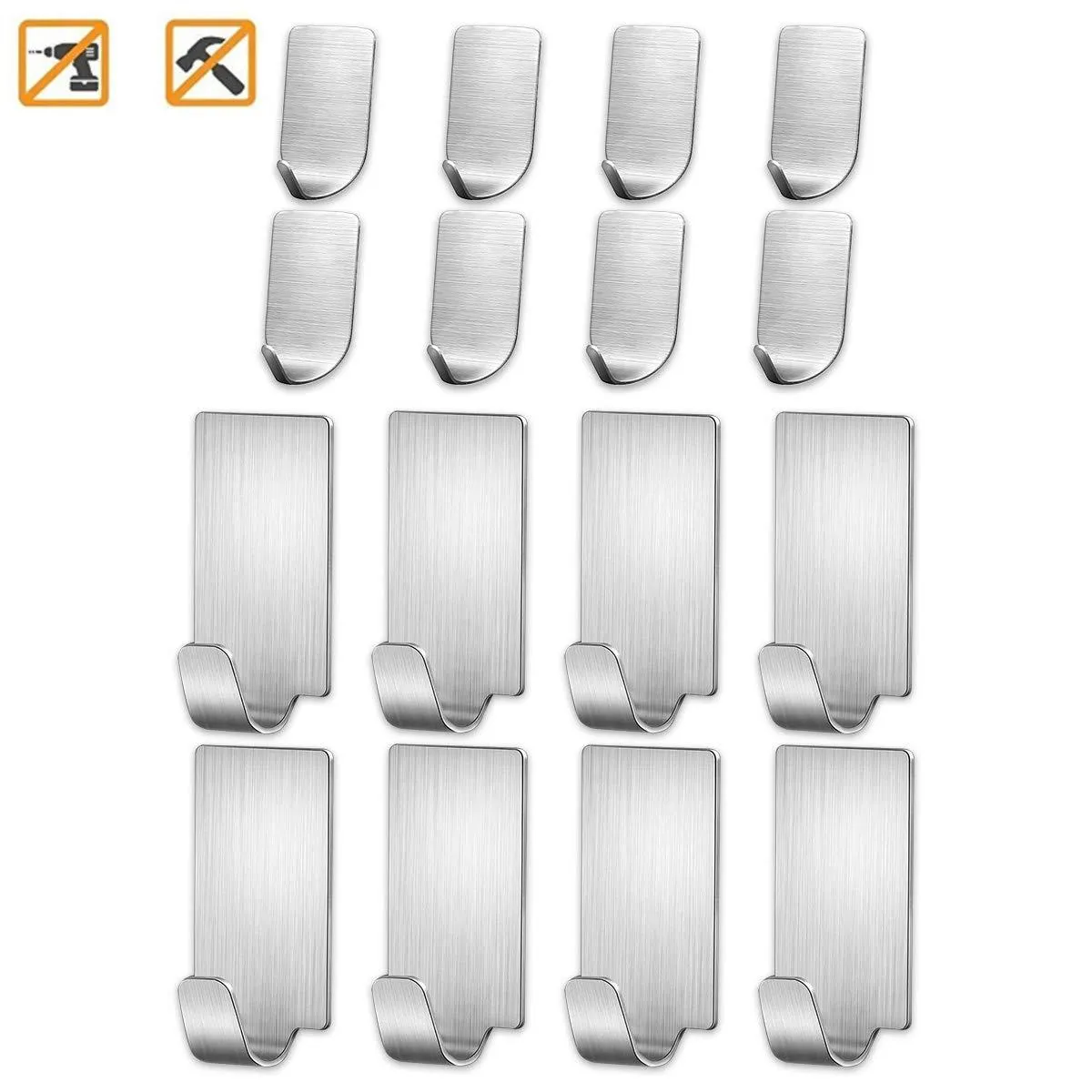 Adhesive Wall Hooks Stainless Steel Ultra Strong Waterproof Oilproof Hanging for Robe Coat Towel Robe Handbag Jackets Keys (16pcs)
