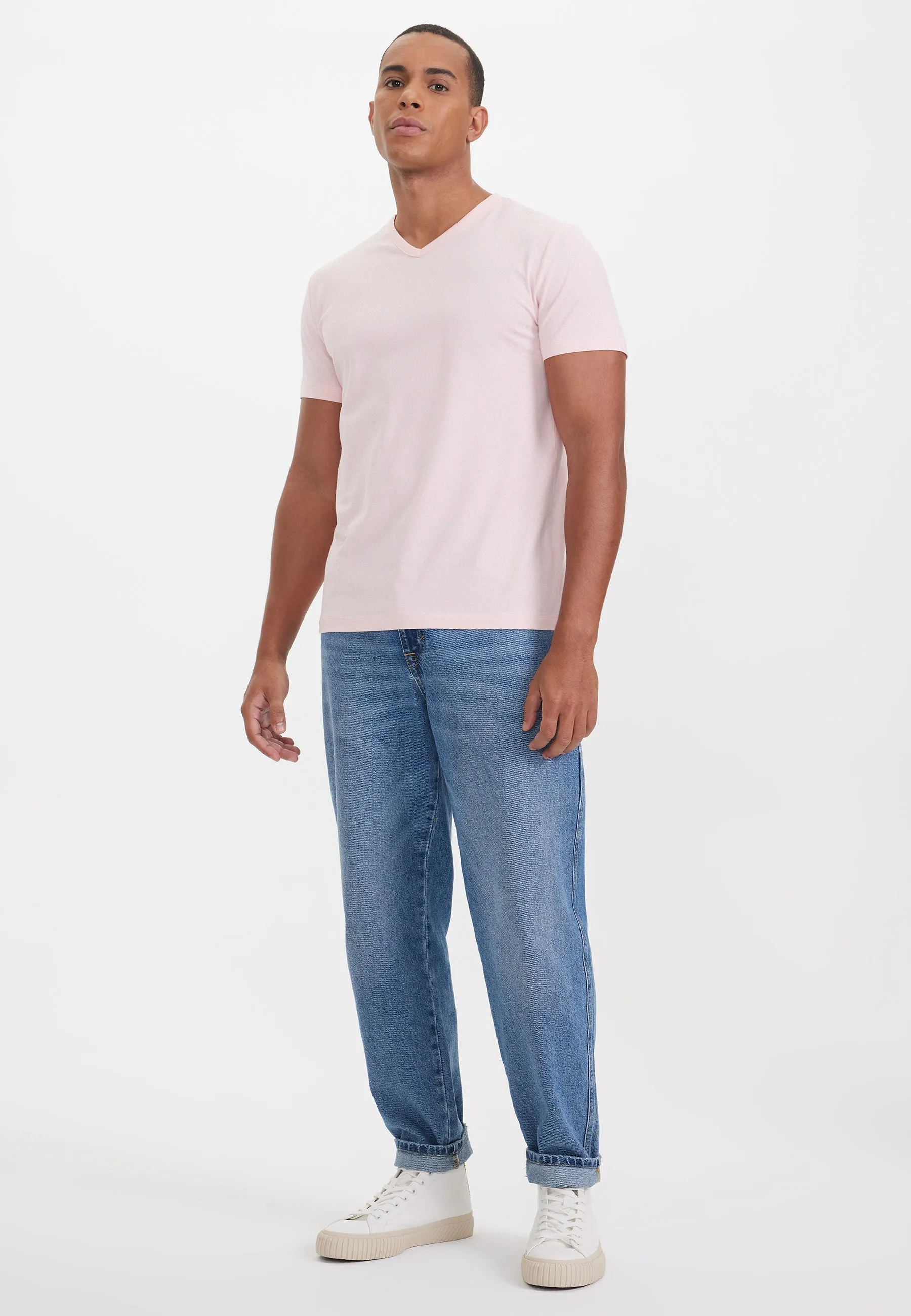 Açık Pembe V-Yaka Regular Fit Pamuk Elastan Karışımlı Basic Erkek T-Shirt THEO