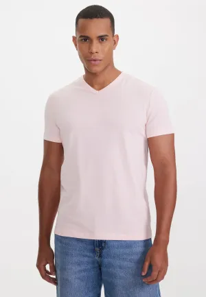 Açık Pembe V-Yaka Regular Fit Pamuk Elastan Karışımlı Basic Erkek T-Shirt THEO