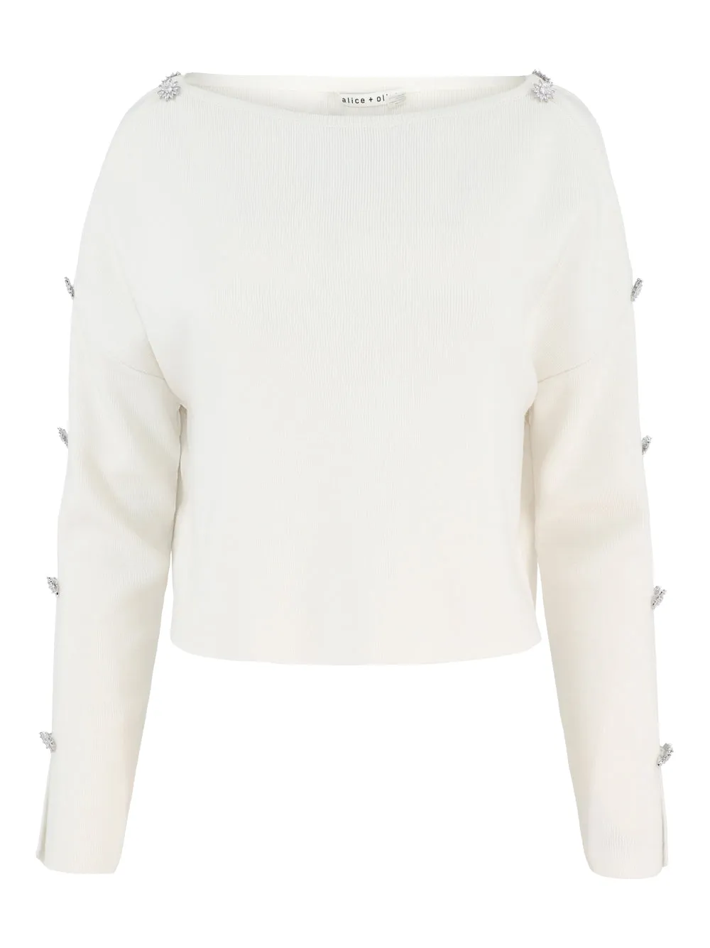 Alice   Olivia Shakita Sleeve Slit Pullover w/ Rhinestones in Soft White