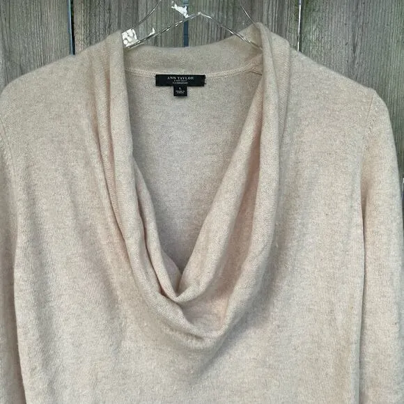 Ann Taylor Knit Cashmere Sweater Cowl Neck Long Sleeves Pullover Cream Large