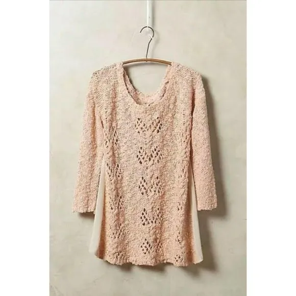Anthropologie Sylt Pointelle Pullover Sweater pale pink crochet soft S