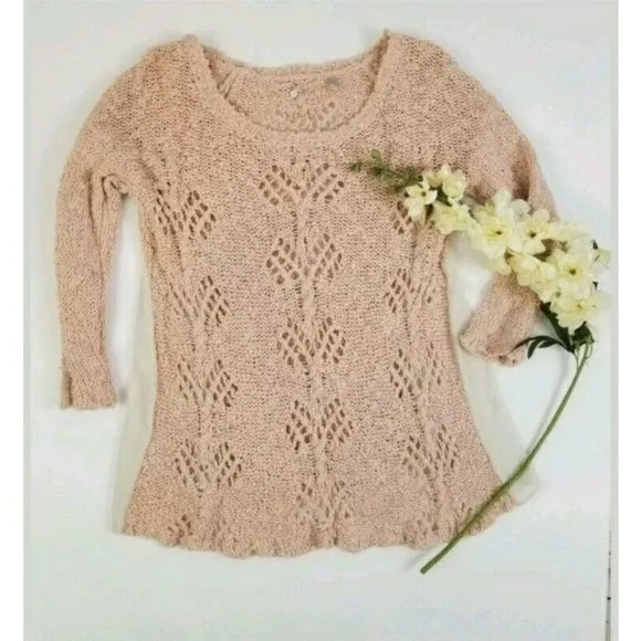 Anthropologie Sylt Pointelle Pullover Sweater pale pink crochet soft S