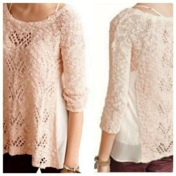 Anthropologie Sylt Pointelle Pullover Sweater pale pink crochet soft S