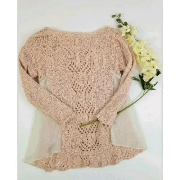 Anthropologie Sylt Pointelle Pullover Sweater pale pink crochet soft S