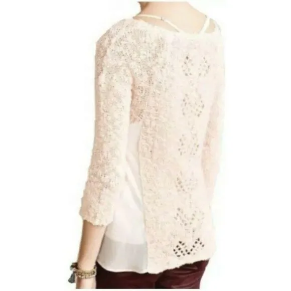 Anthropologie Sylt Pointelle Pullover Sweater pale pink crochet soft S