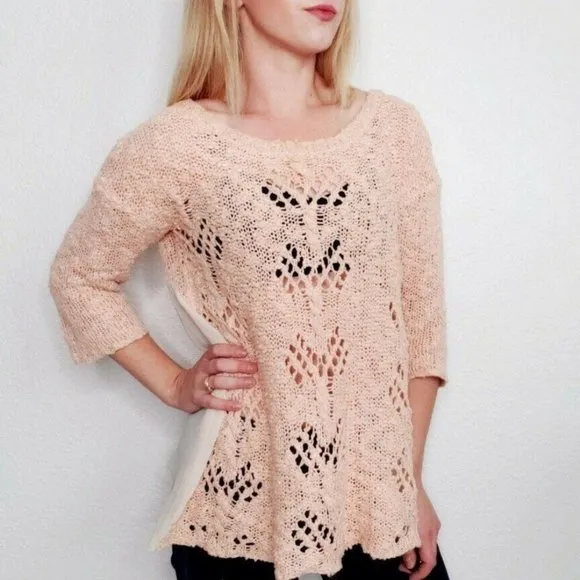 Anthropologie Sylt Pointelle Pullover Sweater pale pink crochet soft S