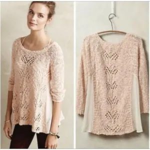 Anthropologie Sylt Pointelle Pullover Sweater pale pink crochet soft S