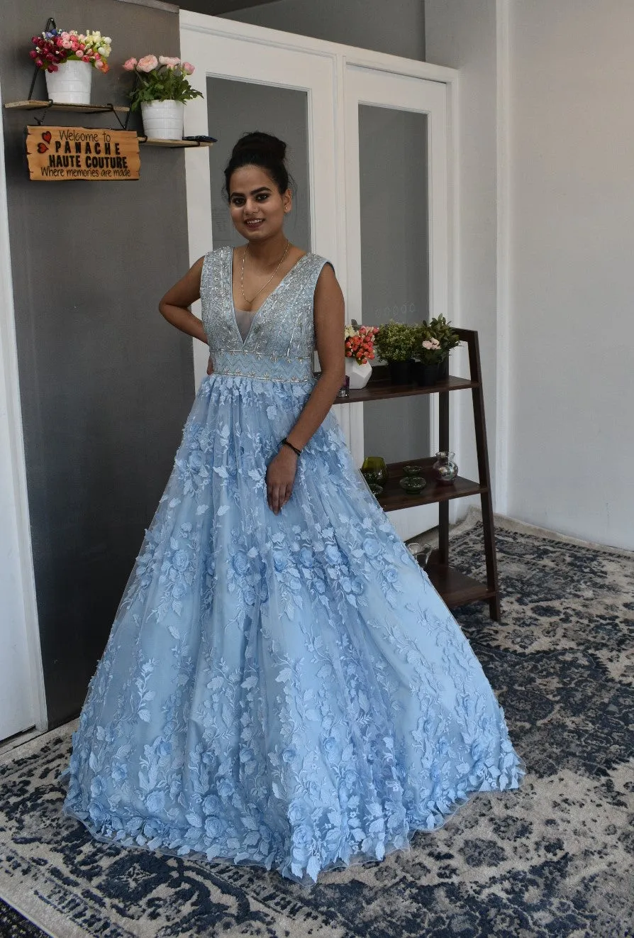 Astonishing powder blue color party-wear Gown