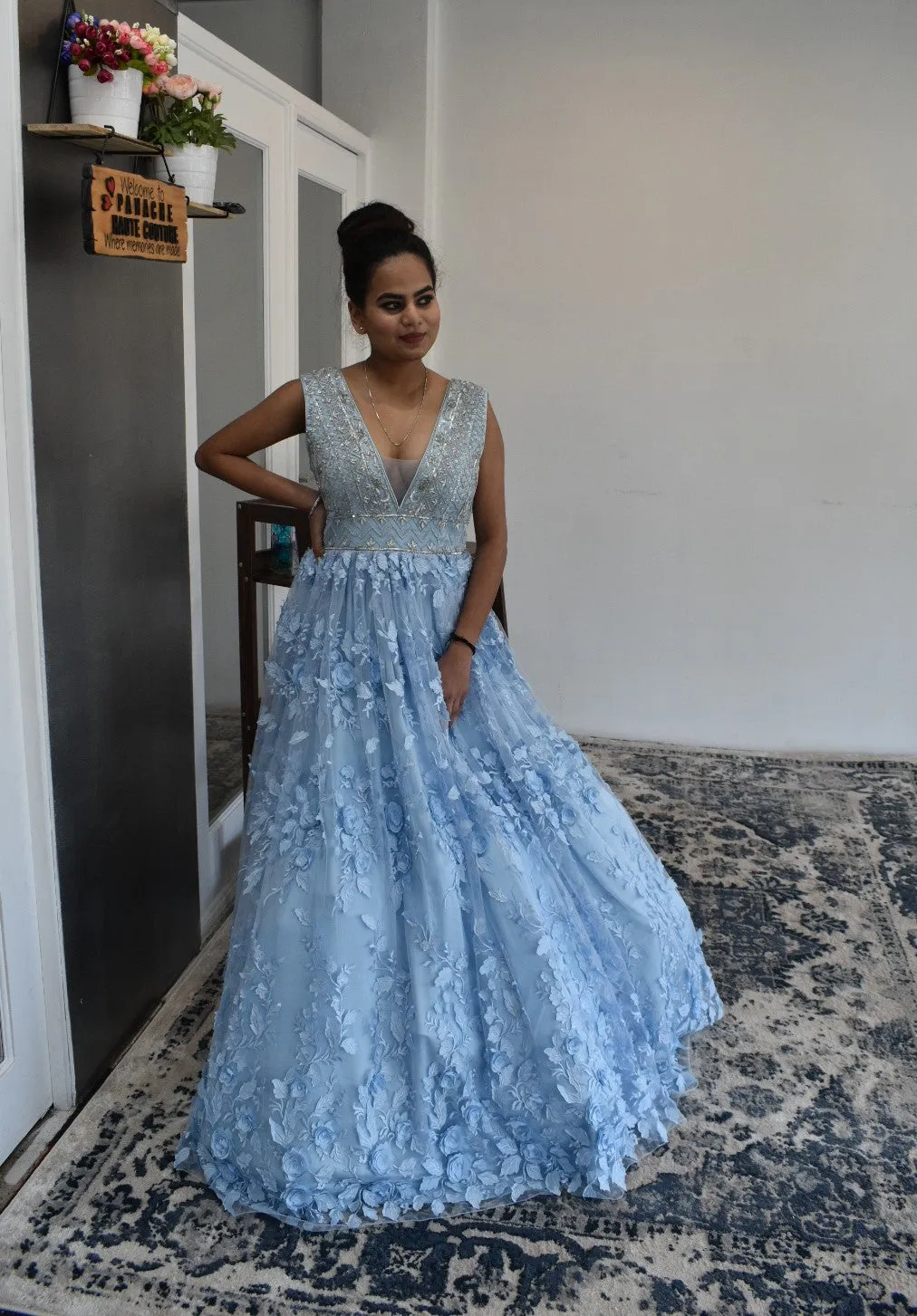 Astonishing powder blue color party-wear Gown
