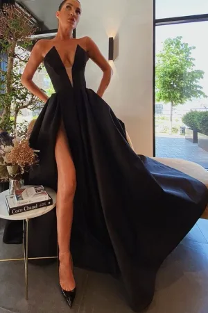 Backless Satin Black Prom Gowns with Pockets 2020