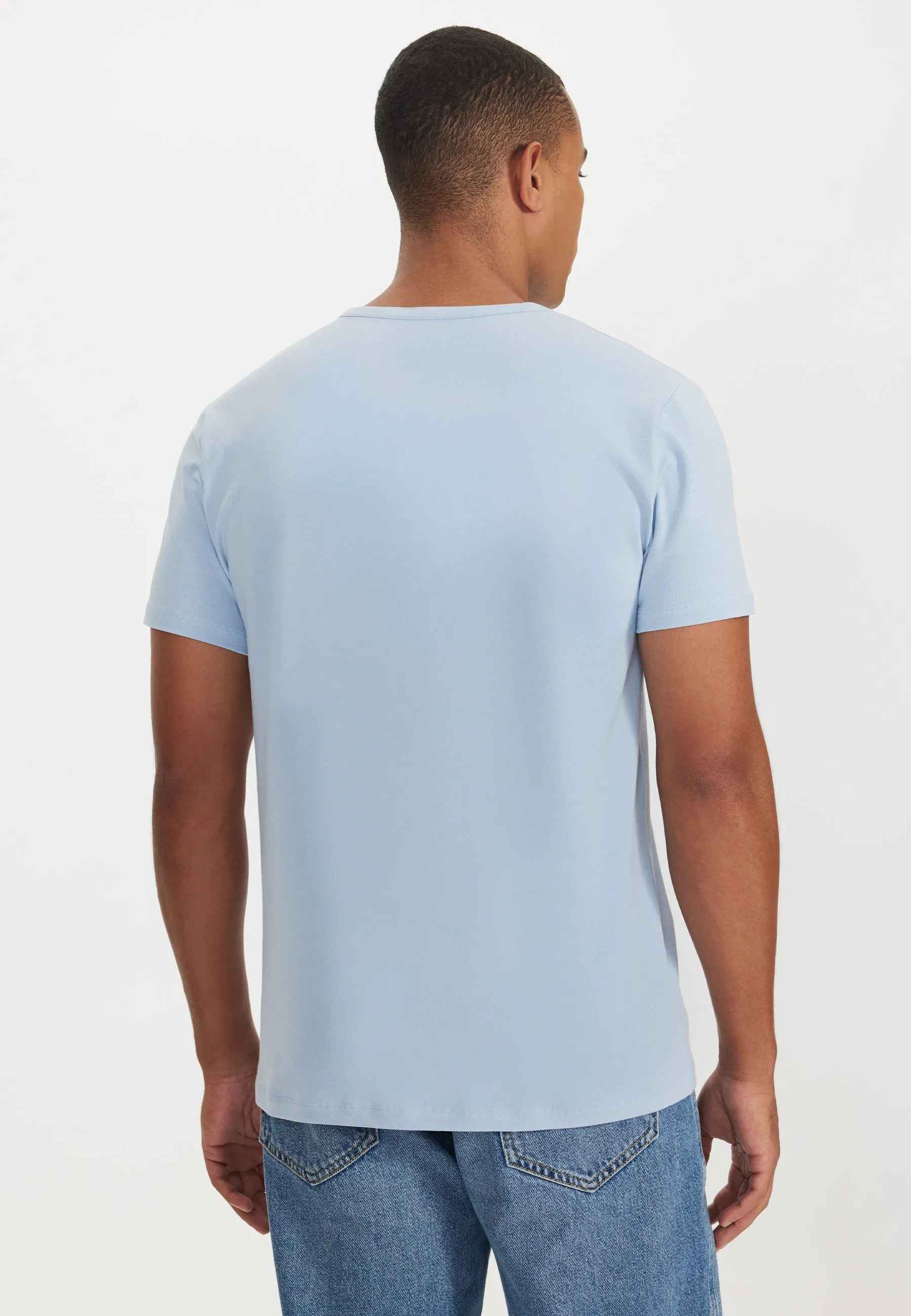 Bebek Mavisi V-Yaka Regular Fit Pamuk Elastan Karışımlı Basic Erkek T-Shirt THEO