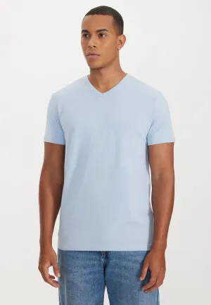Bebek Mavisi V-Yaka Regular Fit Pamuk Elastan Karışımlı Basic Erkek T-Shirt THEO