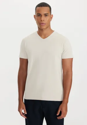 Bej V-Yaka Regular Fit Pamuk Elastan Karışımlı Basic Erkek T-Shirt THEO