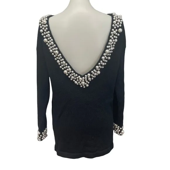 Bimo Womens Small Long Sleeve Deep V Back Sew On Pearl Beads Pullover Sweater