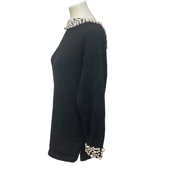 Bimo Womens Small Long Sleeve Deep V Back Sew On Pearl Beads Pullover Sweater