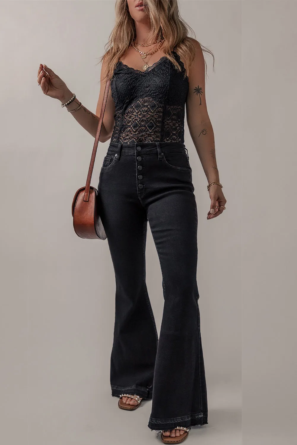 Black High Waist Button Front Flare Jeans