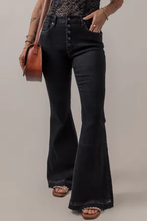Black High Waist Button Front Flare Jeans