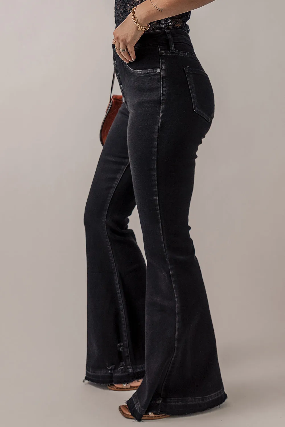 Black High Waist Button Front Flare Jeans