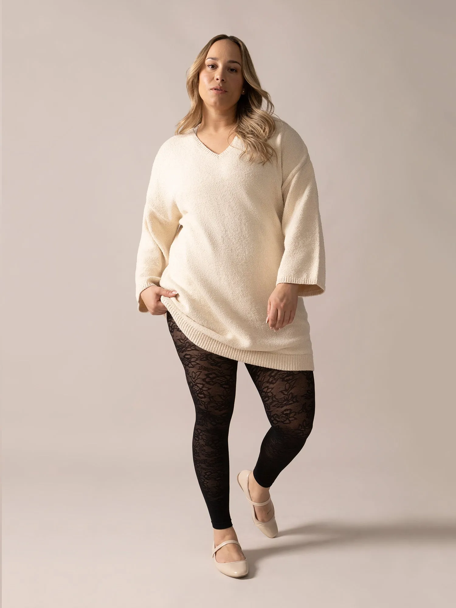 Bouclé Knit Long Sweater in Almond