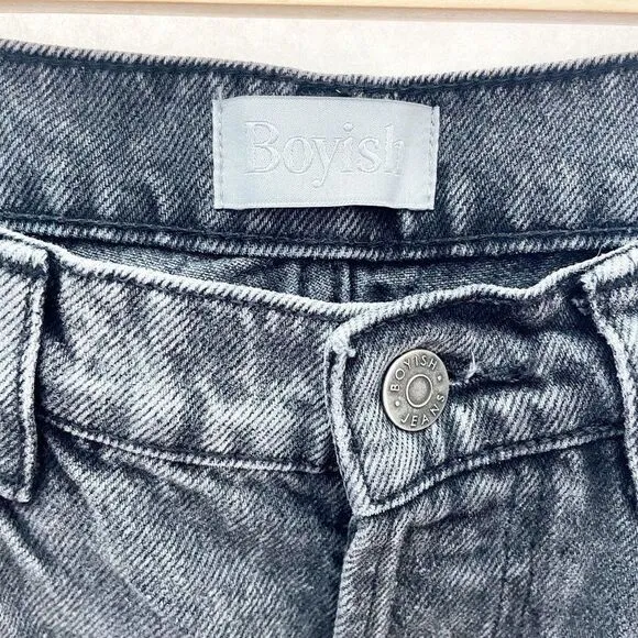 Boyish High Waisted Straight Leg Jean Raw Hem Button Fly Washed Black 26