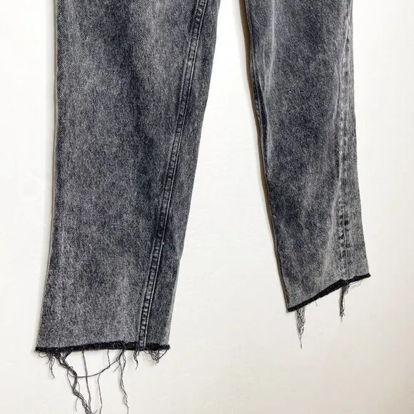 Boyish High Waisted Straight Leg Jean Raw Hem Button Fly Washed Black 26