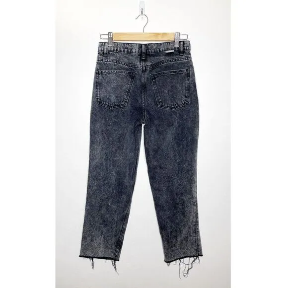 Boyish High Waisted Straight Leg Jean Raw Hem Button Fly Washed Black 26