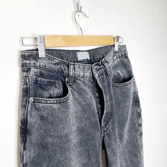 Boyish High Waisted Straight Leg Jean Raw Hem Button Fly Washed Black 26