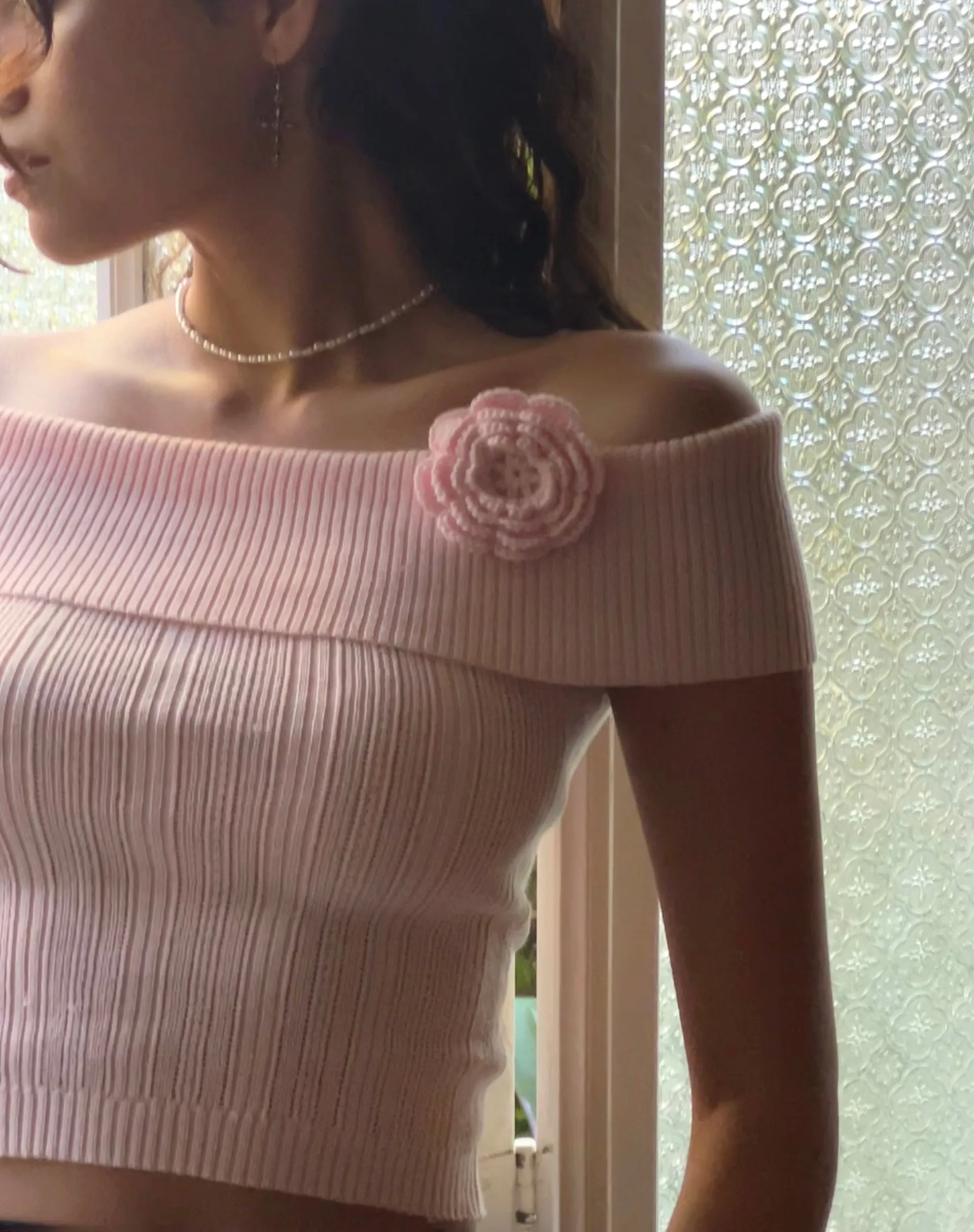 Brenda Knitted Bardot Top in Pink with Rosette