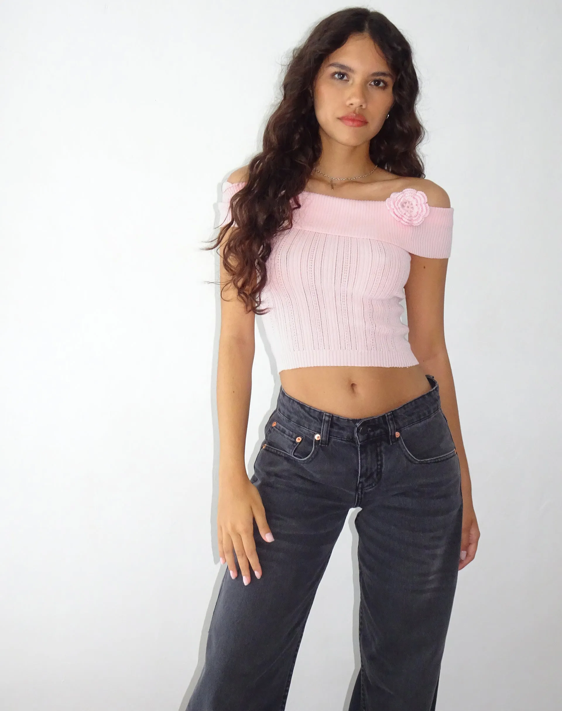Brenda Knitted Bardot Top in Pink with Rosette