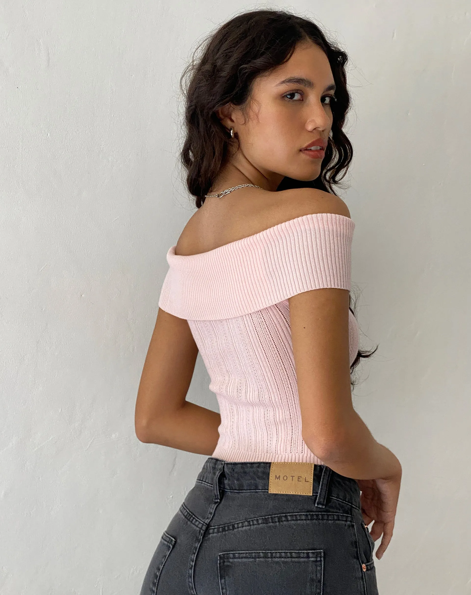 Brenda Knitted Bardot Top in Pink with Rosette